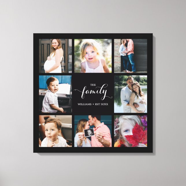 Personalized Calligraphy Family 8 Photo Collage Canvas Print (Front)