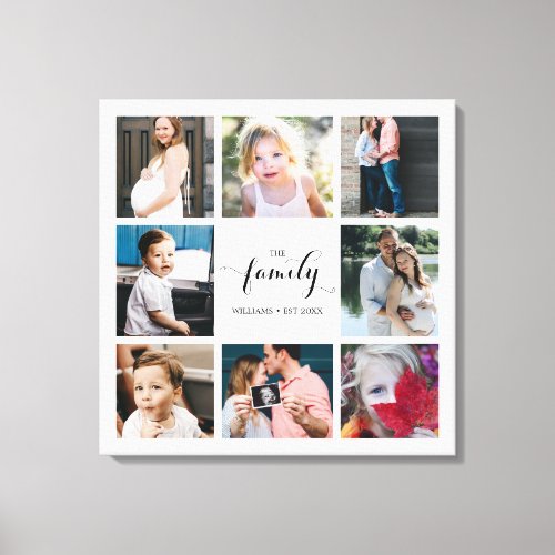 Personalized Calligraphy Family 8 Photo Collage Canvas Print