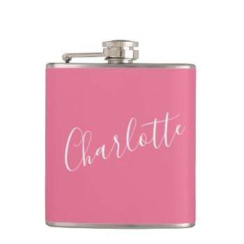Personalized Calligraphy Name Pink Bachelorette  Flask by LEAFandLAKE at Zazzle