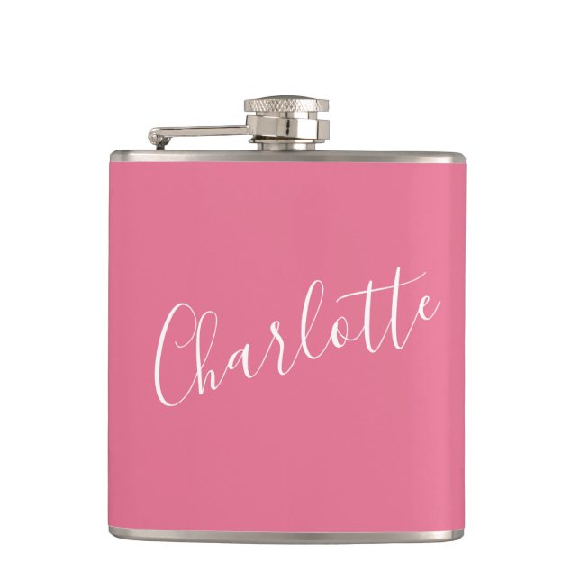Personalized Calligraphy Name Pink Bachelorette  Flask (Front)