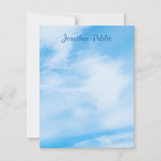 Personalized Calligraphy Script Name Blue Sky Note Card (Front)