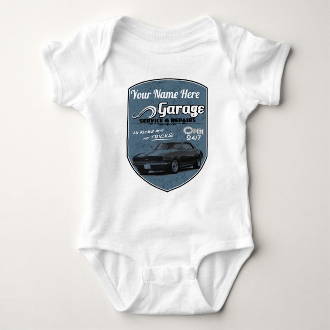 Personalized Camaro Garage Baby Bodysuit (Front)