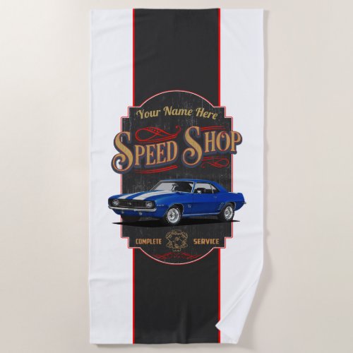 Personalized Camaro Speed Shop Beach Towel