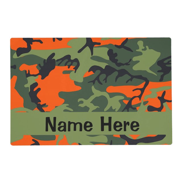 Personalized Camo Green Orange Hunting Dog Placemat (Front)