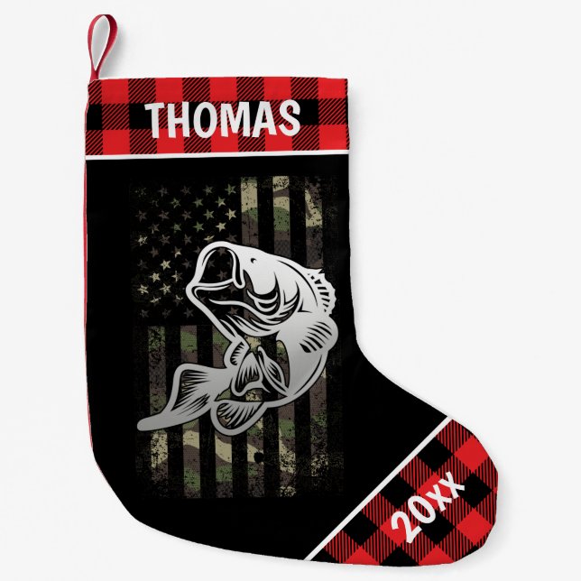Personalized Camouflage Flag Bass Fishing Plaid Small Christmas Stocking (Front)