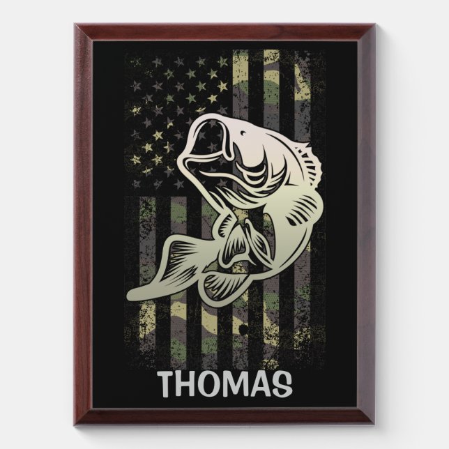 Personalized Camouflage USA Flag Bass Fishing Award Plaque (Vertical)