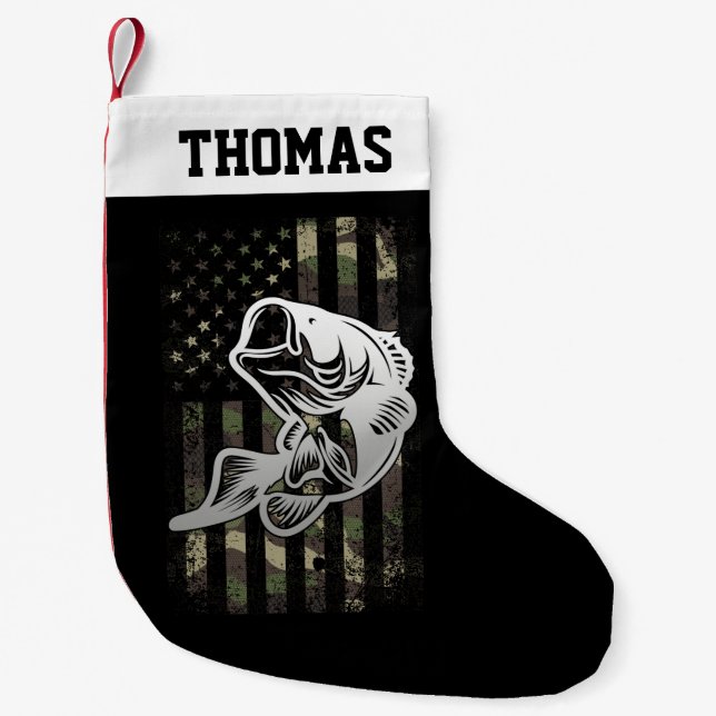 Personalized Camouflage USA Flag Bass Fishing Small Christmas Stocking (Front)