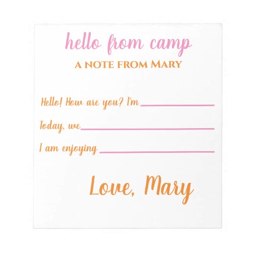 Personalized Camp Notepads for Girls