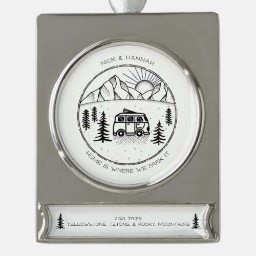 Personalized Camper Van Outdoors Trip Year Review  Silver Plated Banner Ornament