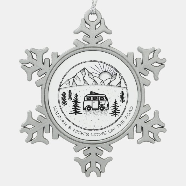 Personalized Campers Van Life Outdoors Couples Snowflake Pewter Christmas Ornament (Front)