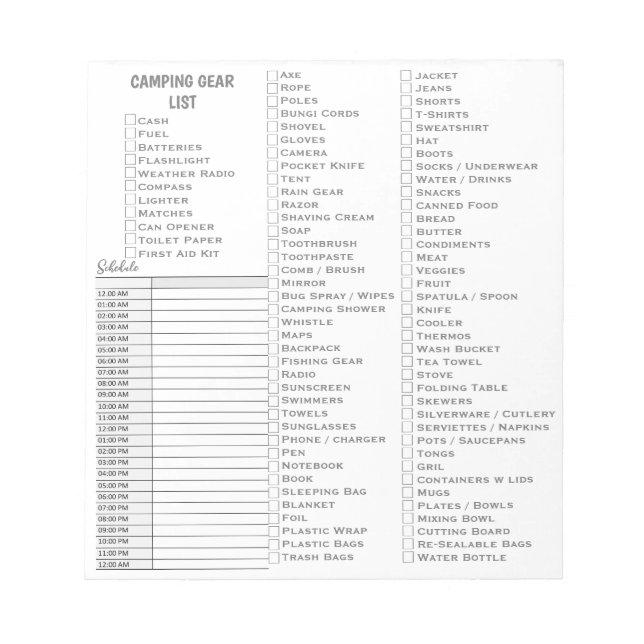 Personalized Camping Gear Check List Notepad (Front)