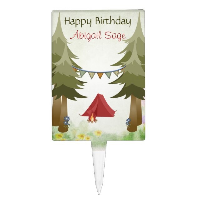 Personalized Camping Girl's Happy Birthday Cake Topper (Front)
