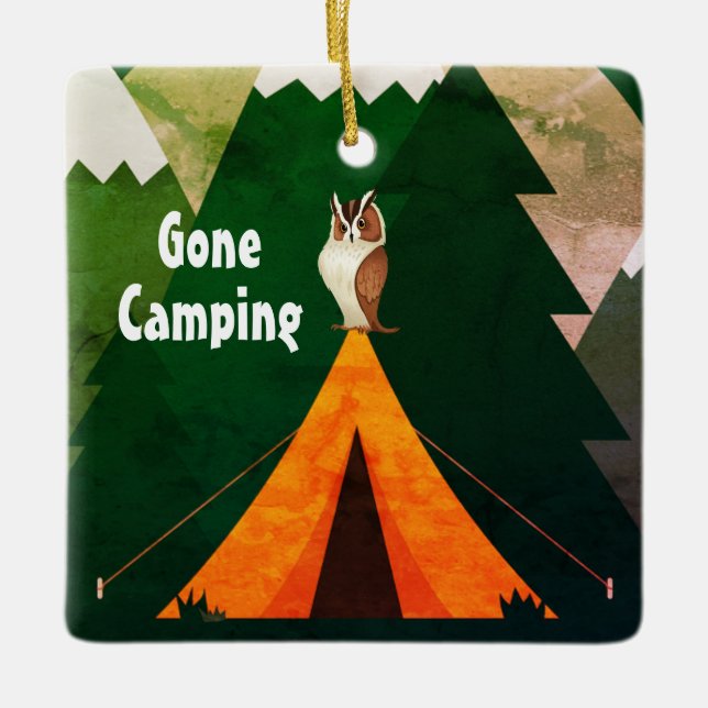 Personalized Camping ~Tent and Owl Christmas Ceramic Ornament (Front)