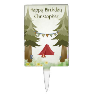 Personalized Camping Tent Campfire Happy Birthday Cake Topper