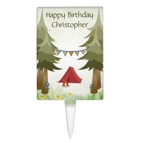 Personalized Camping Tent Campfire Happy Birthday Cake Topper