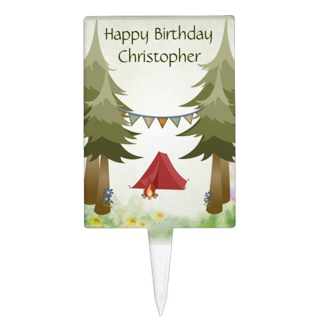 Personalized Camping Tent Campfire Happy Birthday Cake Topper (Front)