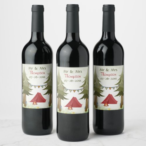 Personalized Camping Tent Campfire Wedding Wine Label