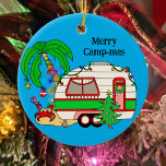 Personalized Camping Themed Christmas Ceramic Ornament<br><div class="desc">Cute vintage red and green retro RV camper camping themed Christmas ornament. Hand drawn cute personalized holiday ornament. Camping on the beach at Christmas time.</div>