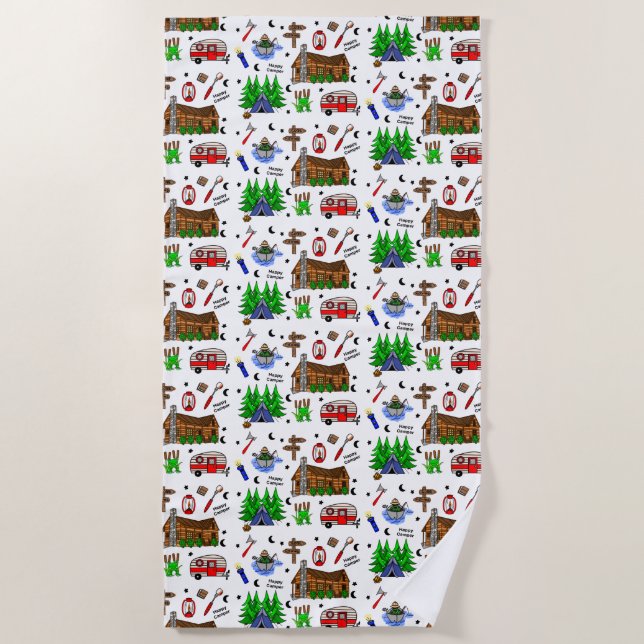 Personalized Camping Themed  Happy Camper   Beach Towel (Front)