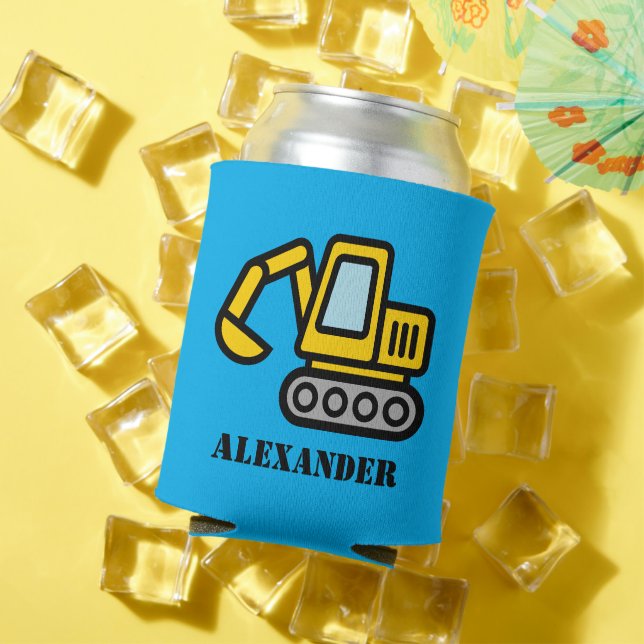 Personalized can coolers with toy excavator digger (In Situ Summer)
