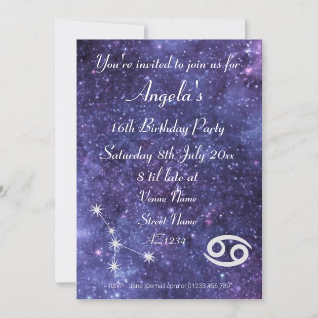Personalized Cancer Zodiac Galaxy Party Invitation (Front)