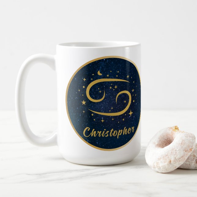 Personalized Cancer zodiac gold symbol gold blue Coffee Mug (With Donut)