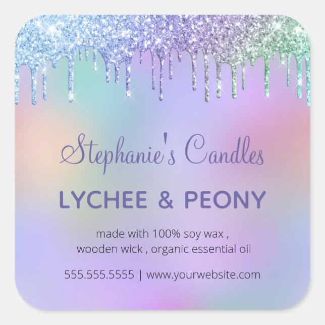 Personalized Candle Label | Dripping Blue Glitter  (Front)