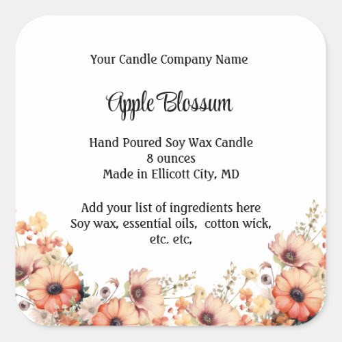 Personalized Candle Labels Peach Wildflower Floral
