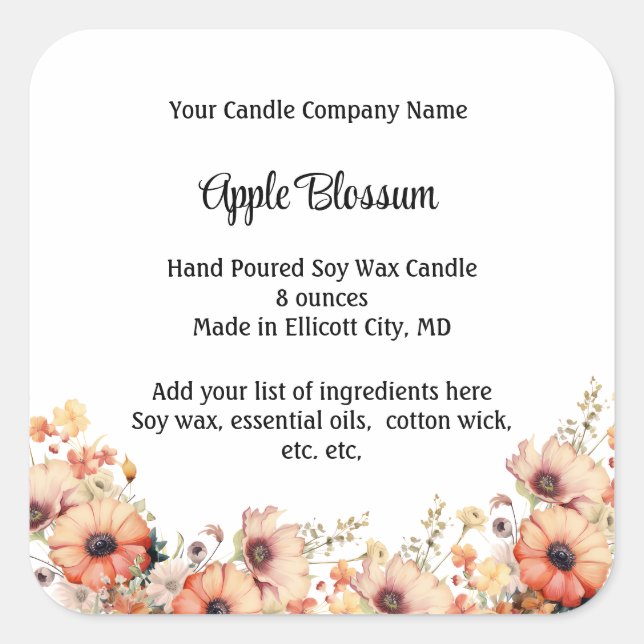 Personalized Candle Labels Peach Wildflower Floral (Front)