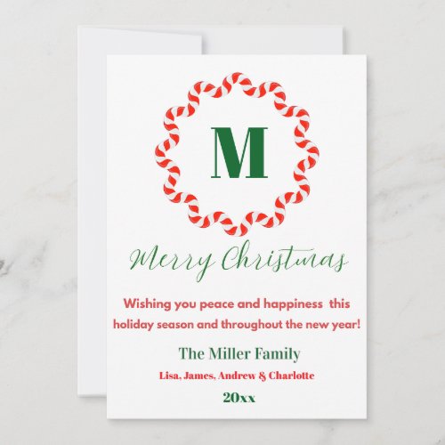 Personalized Candy Cane Monogram Christmas Holiday Card