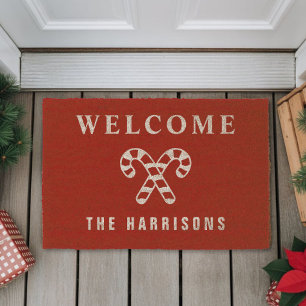 Personalized Candy Cane Red Christmas Fiber Doormat