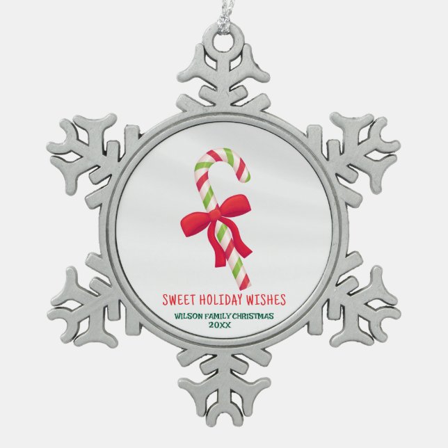Personalized Candy Cane Snowflake Christmas -  Snowflake Pewter Christmas Ornament (Front)