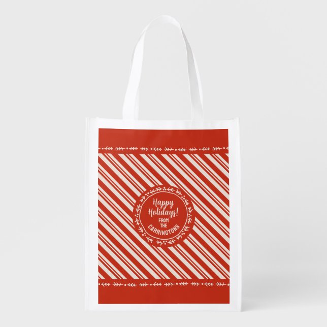 Personalized Candy Cane Stripe Grocery Bag (Front)