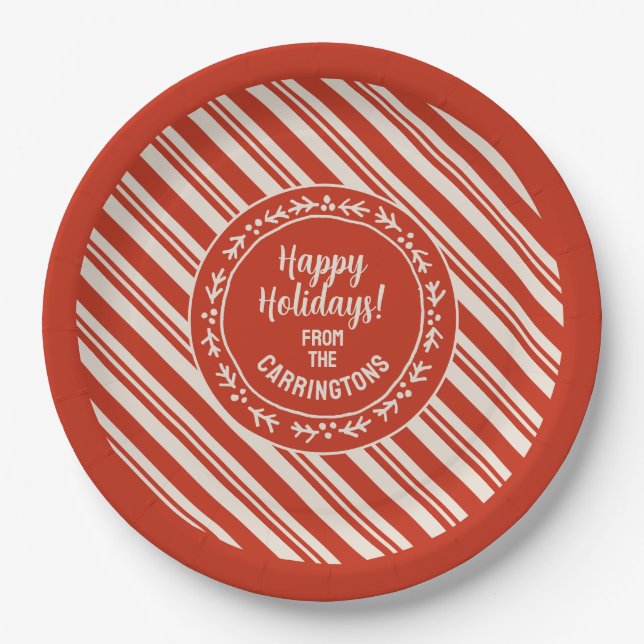 Personalized Candy Cane Stripe Paper Plates (Front)