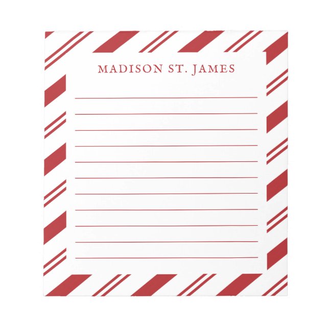 Personalized Candy Cane Stripe Pattern Lined Notepad (Front)