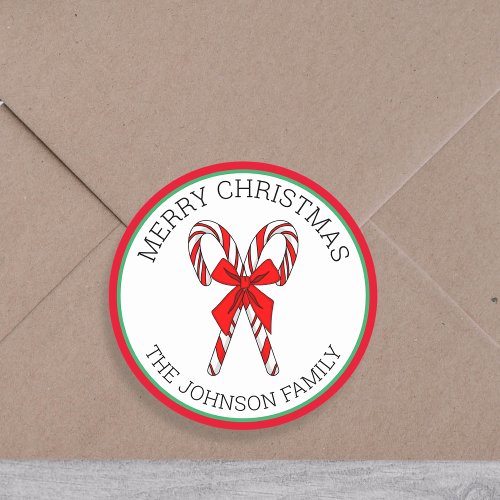 Personalized Candy Canes and Bow Christmas   Classic Round Sticker