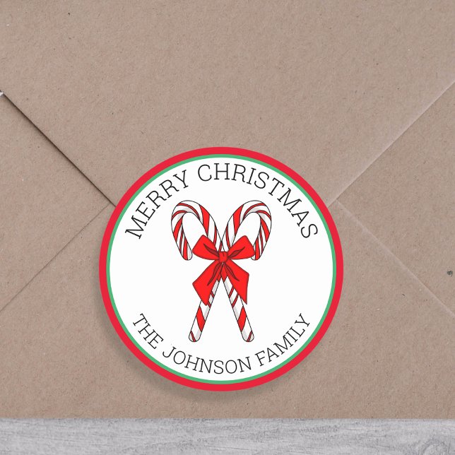 Personalized Candy Canes and Bow Christmas   Classic Round Sticker (Creator Uploaded)