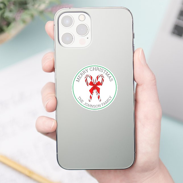 Personalized Candy Canes and Bow Christmas  Sticker (Phone)