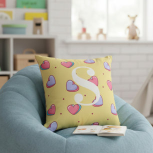 Personalized Candy Heart Pink and Yellow  Throw Pillow