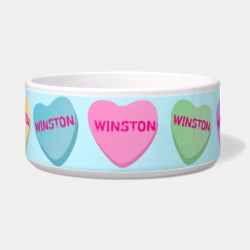 Personalized Candy Hearts on Light Blue  Bowl