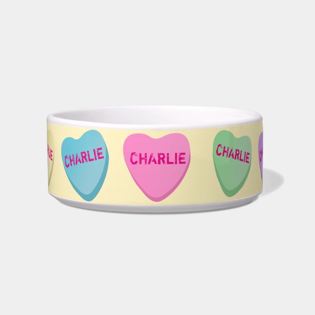 Personalized Candy Hearts on Light Yellow Pet Bowl (Front)