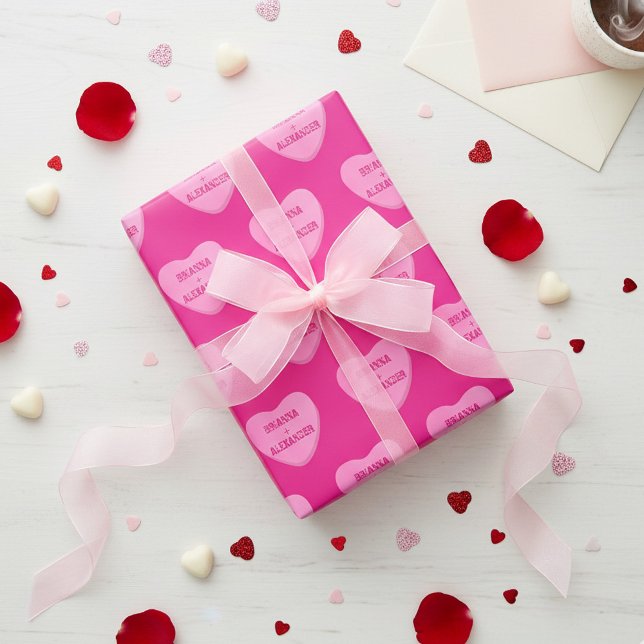 Personalized Candy Hearts Retro Two Names Hot Pink Wrapping Paper (Cute personalized candy heart wrapping paper. Pink hearts with your names or initials on hot pink)
