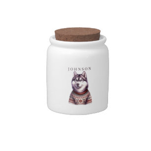 Personalized Candy Jar, Festive Siberian Husky Jar