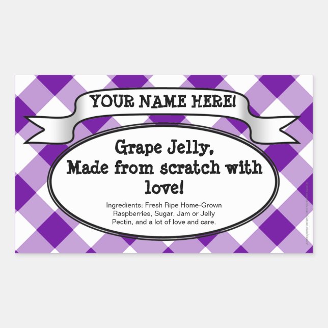 Personalized Canning Jar Label, Purple Gingham Jam Rectangular Sticker (Front)