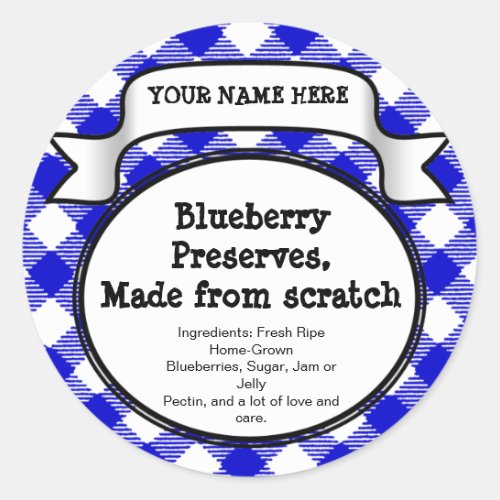 Personalized Canning JarLid Label Blue Gingham Classic Round Sticker