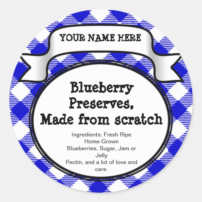 Personalized Canning Jar/Lid Label, Blue Gingham Classic Round Sticker (Front)
