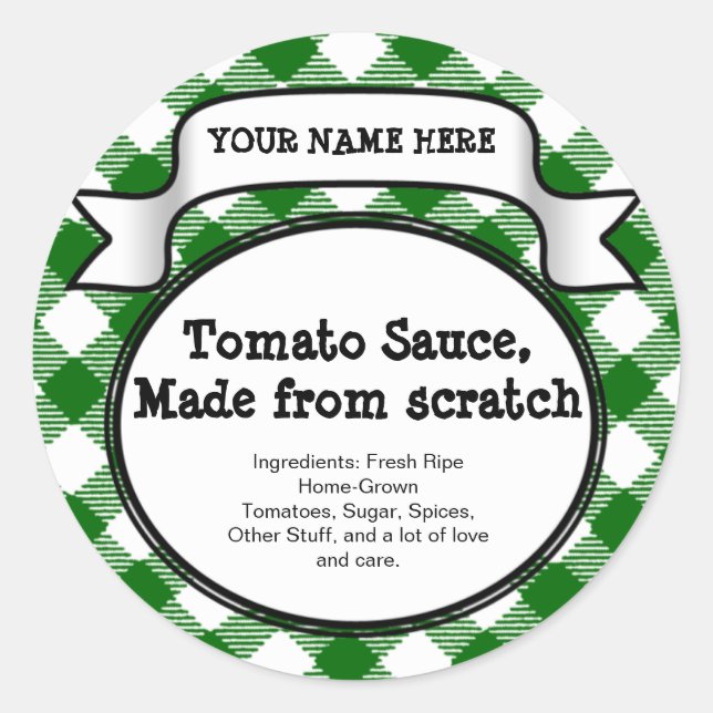 Personalized Canning Jar/Lid Label, Green Gingham Classic Round Sticker (Front)