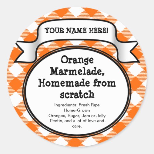 Personalized Canning JarLid Label Orange Gingham Classic Round Sticker