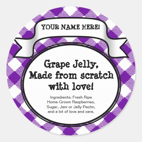 Personalized Canning JarLid Label Purple Gingham Classic Round Sticker