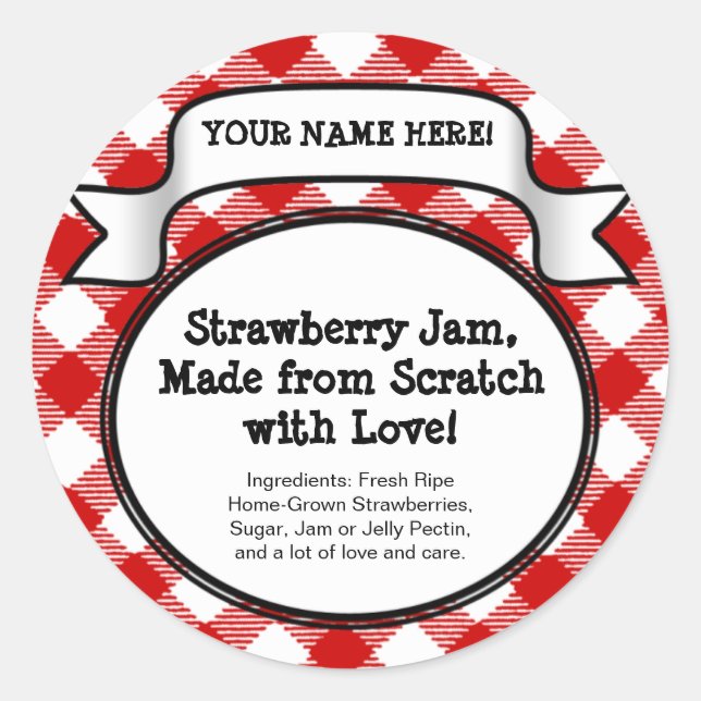 Personalized Canning Jar/Lid Label, Red Gingham Classic Round Sticker (Front)